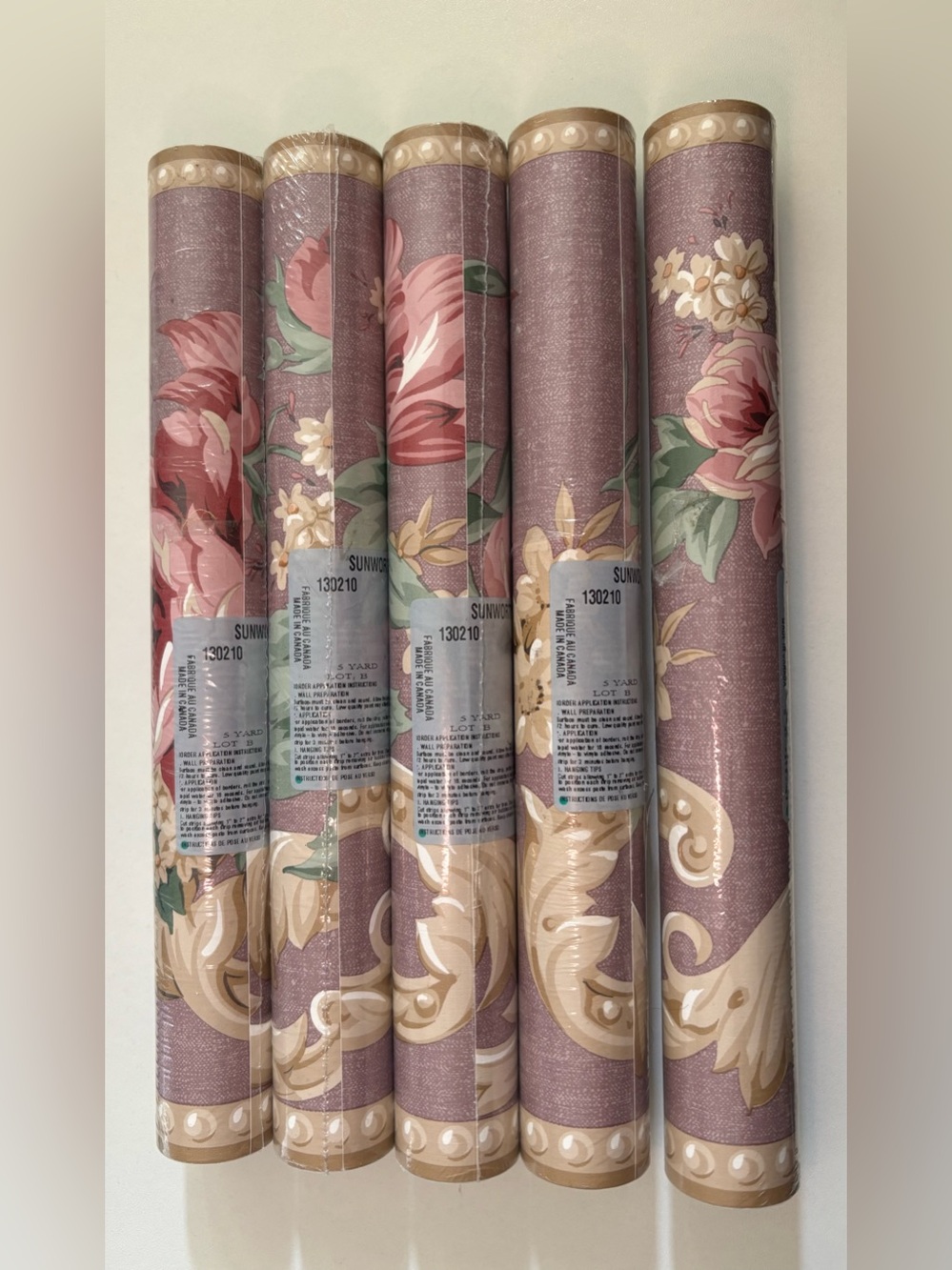 VTG Sunworthy Wallpaper Border 5 Rolls Floral w/ Scroll Pink Mauve Gold Cottage